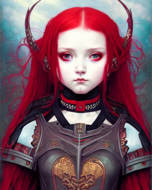 Prompt: portrait of beautiful cute young goth maiden girl with red hair in warhammer armor, art by ( ( ( kuvshinov ilya ) ) ) and wayne barlowe and gustav klimt and artgerm and wlop and william - adolphe bouguereau