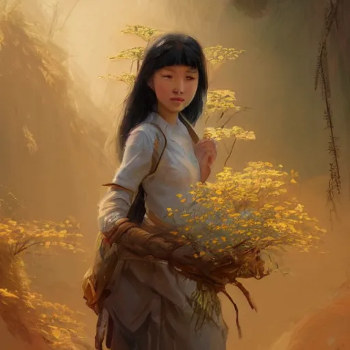 Prompt: Concept art, Chinese girl holding jasmine flowers, 8k, james gurney, greg rutkowski, john howe, artstation