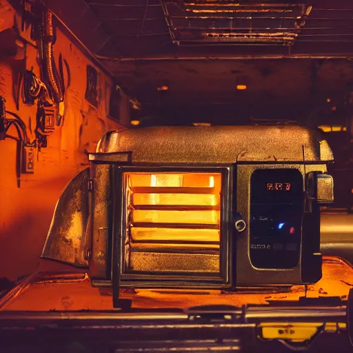 Image similar to head of toaster oven mecha, dark messy smoke - filled cluttered workshop, dark, dramatic lighting, orange tint, cinematic, highly detailed, sci - fi, futuristic, movie still