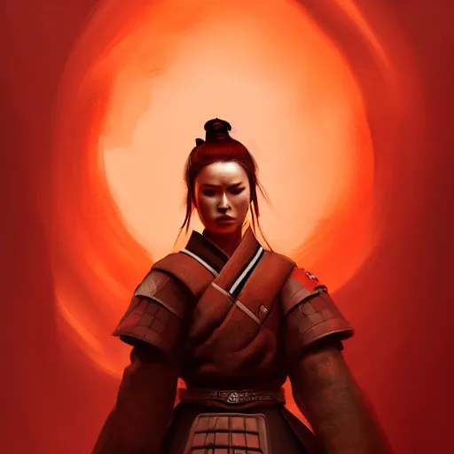 Image similar to portrait of beatiful female samurai in orange light in the style of Raymond Swanland, cinematic, artstation