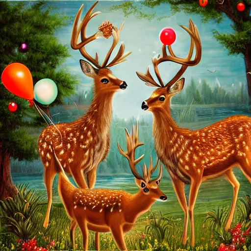 Image similar to three deers having a cool birthday party, photo, highly detailed