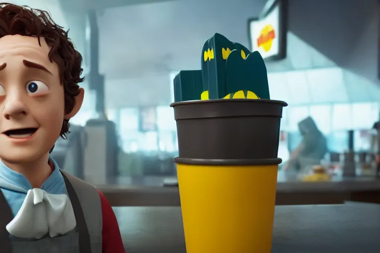 Image similar to film still of frodo working at mcdonalds in the new batman movie, still from a pixar movie, high quality 3 d render, movie, pixar, renderman, 4 k, artstation