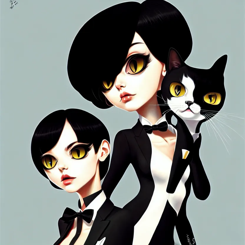 Image similar to a humanoid two cat, slim cruel business girl in tuxedo with black bob hair, elegant, 2 d, ultra highly detailed, digital painting, smooth, sharp focus, artstation, art by ilya kuvshinov!