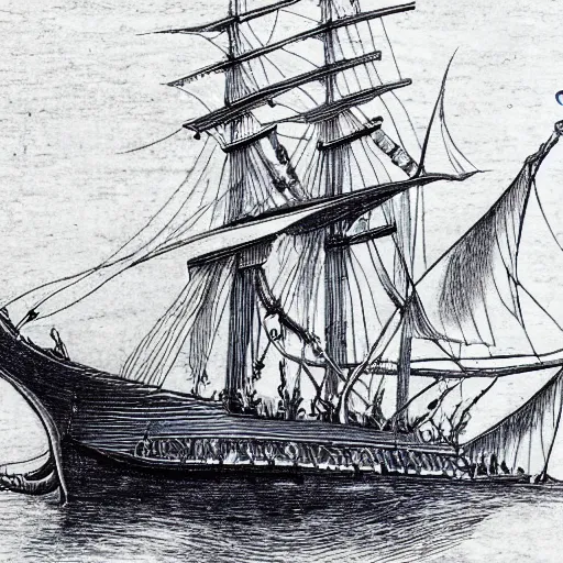 Image similar to da vinci drawing of the flying dutchman pirate ship ultra detailed 4k