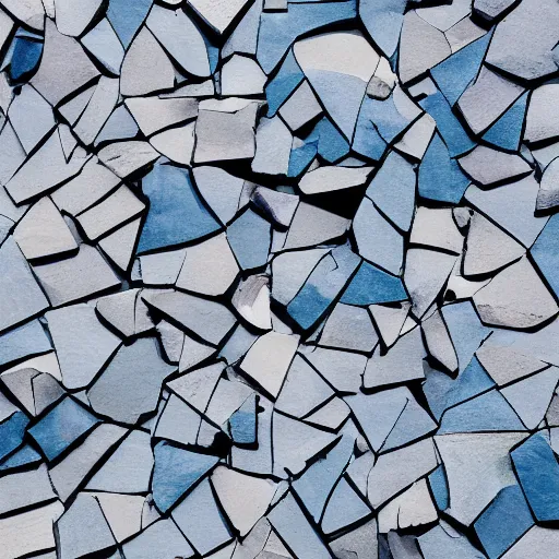 Prompt: aerial photography high contrast angular sharp cool blue slate shards scattered loosely chaotically in the pale sand