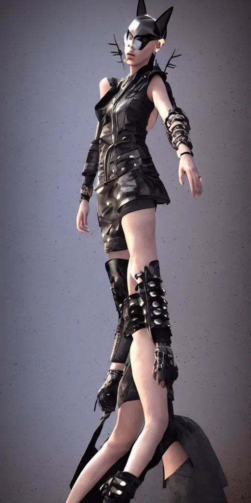 Prompt: haute couture, clothing setting for future female warrior, model standing pose, futurism, vest, leather coat, shorts, boots, electronic cat ears, cyberpunk style, render by octane and blender, hyper realistic, hyper detailed