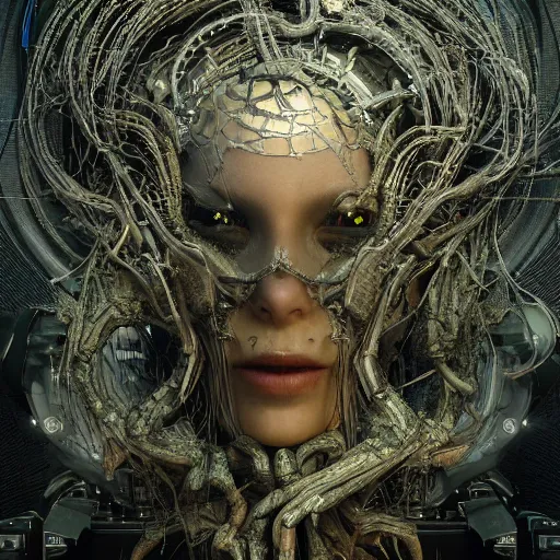 Image similar to cybernetic demon dreaming with its mind, lsd, circuitry, intricate detail, royo, whealan, giger, klimt, hd, octane render, unreal engine,