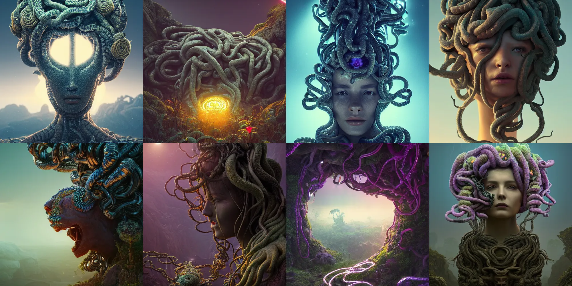 Prompt: beautiful dark landscape, highly detailed medusa gorgon head, beautiful flowers growing in the style of beeple and mike winkelmann, intricate, epic lighting, cinematic composition, hyper realistic, 8 k resolution, unreal engine 5,