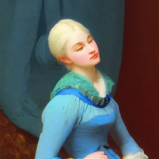 Image similar to a young woman's face, her hair is white and she wears an azure blue satin cloak, by ivan aivazovsky and syd mead and moebius and gaston bussiere and roger dean and pieter claesz and paul delaroche and alma tadema and aelbert cuyp and willem claesz, hyperrealistic, volumetric light, octane render