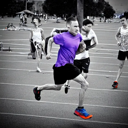 Image similar to photograph of an male runner athlete being chased by Zombies in the background. Track and field event. DSLR Photography