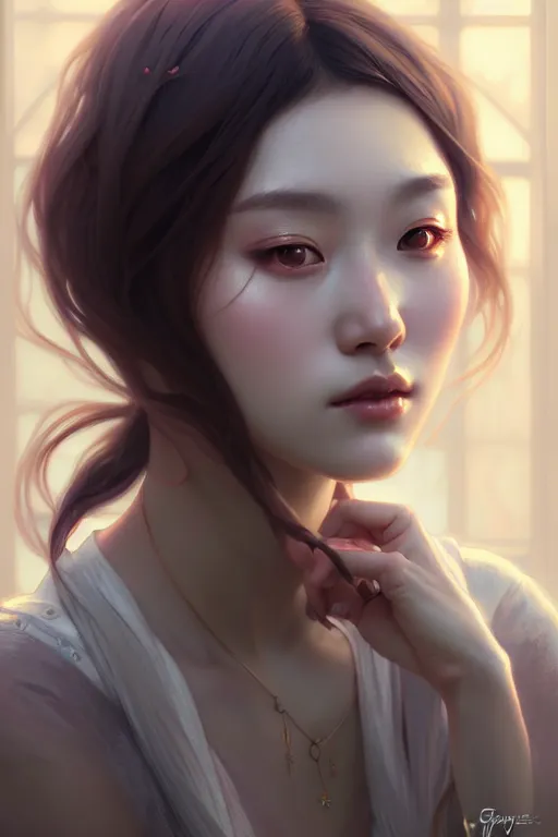 Image similar to beautiful digital painting of hoyeon jung gray background with high detail, 8 k, stunning detail, works by artgerm, greg rutkowski and alphonse mucha, unreal engine 5, 4 k uhd