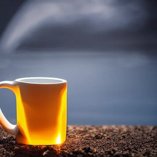 Prompt: award-winning photo of pure energy material created in the form of a mug