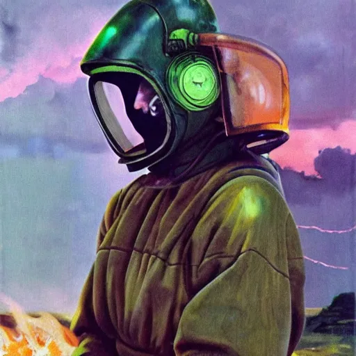 Prompt: ultra realistic portrait painting of amy adams in a hazmat suit surrounded by glowing green radiation, art by frank frazetta, vintage levi ’ s ad, stormy weather, dark vibes, 4 k, ultra realistic, highly detailed, epic lighting