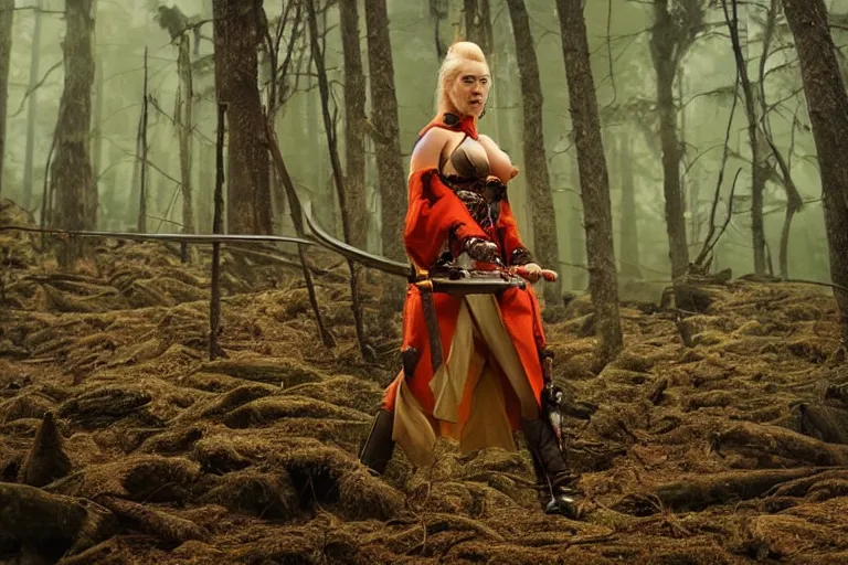 Image similar to vfx movie scene closeup nomad cyborg warrior viking geisha in a smoldering forest. by emmanuel lubezki