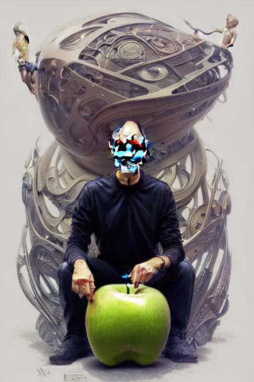 Image similar to ultra realistic illustration, steve jobs sitting on a giant apple, sci - fi, fantasy, intricate, elegant, highly detailed, digital painting, artstation, concept art, smooth, sharp focus, illustration, art by artgerm and greg rutkowski and alphonse mucha