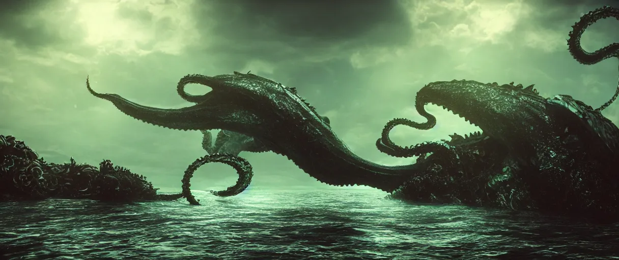 Prompt: ocean monster with big tentacles lighting establishing shot extremely high detail foto realistic cinematic lighting post processed