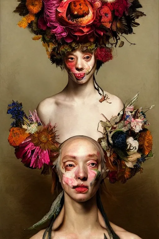 Prompt: A maximalist portrait a with large lips and with large eyes, expressive, with extra flesh, wearing a headdress made of flowers and !!!bones!!!, baroque by Jenny Saville and (((Caravaggio))) In style of digital illustration art, Rembrandt lighting, Ray tracing, hyper detailed, sharp focus, Soft light 4K