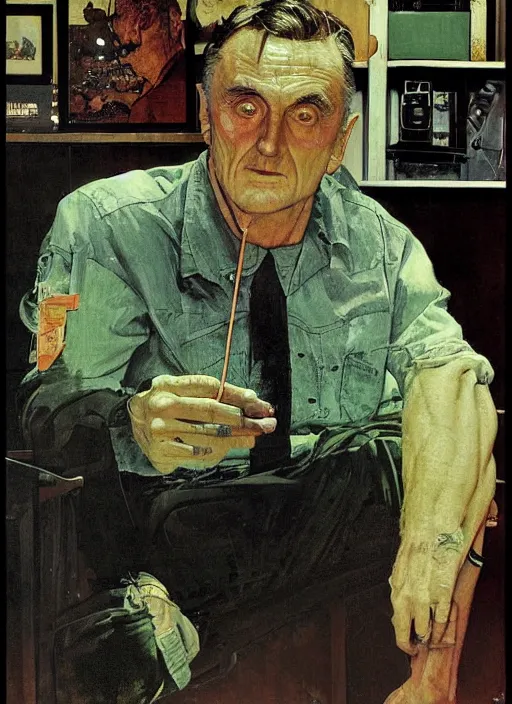 Image similar to full body and head portrait of dennis hopper in a dark and dingy apartment, painted by norman rockwell and tom lovell and everett raymond kinstler, green, dystopian