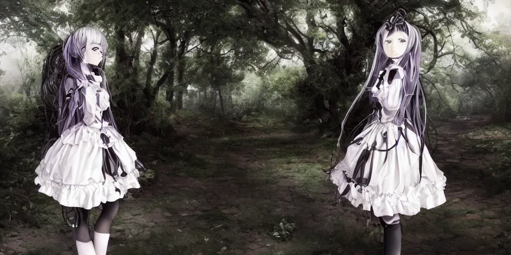 Image similar to beautiful android gothic lolita standing in a city taken over by nature , theme of sadness, melancholy, and dark beauty, high exposure