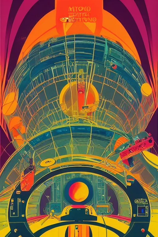 Prompt: a 6 0 s art deco poster with the interior of an international space station fuill of electronic equipment, poster art by milton glaser, kilian eng, moebius, behance contest winner, psychedelic art, concert poster, poster art, maximalist