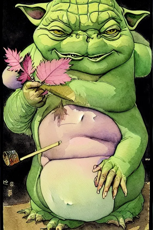 Image similar to a realistic and atmospheric watercolour fantasy character concept art portrait of a fat yoda with pink eyes giggling and holding a blunt with a pot leaf nearby, by rebecca guay, michael kaluta, charles vess and jean moebius giraud