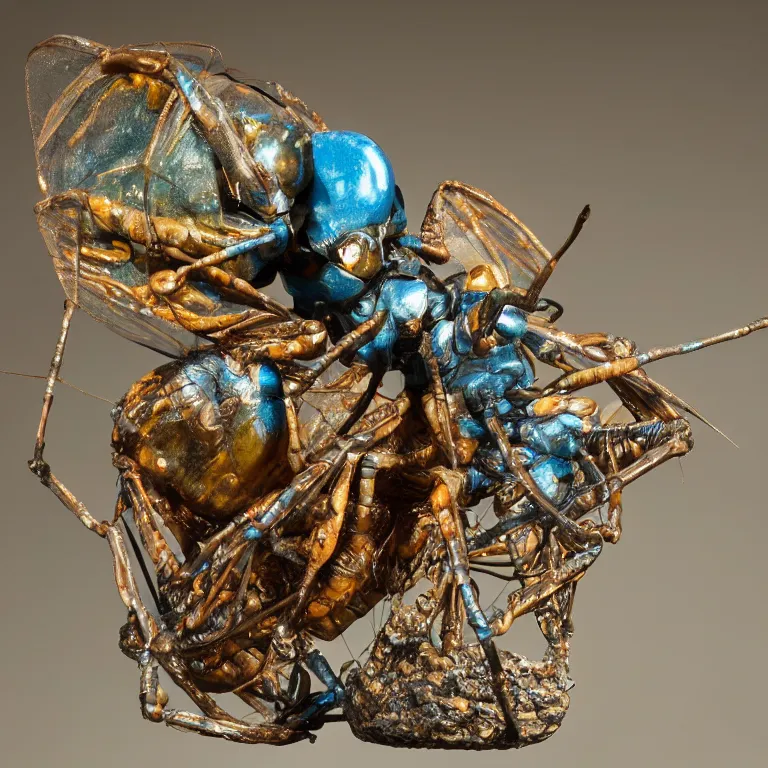 Prompt: hyperrealistic sculpture of a bronze fossilized wentletrap cicada dusted with blue spraypaint in a grid cage on a pedestal by ron mueck and duane hanson and lee bontecou, hyperrealistic dramatic colored lighting trending on artstation 8 k