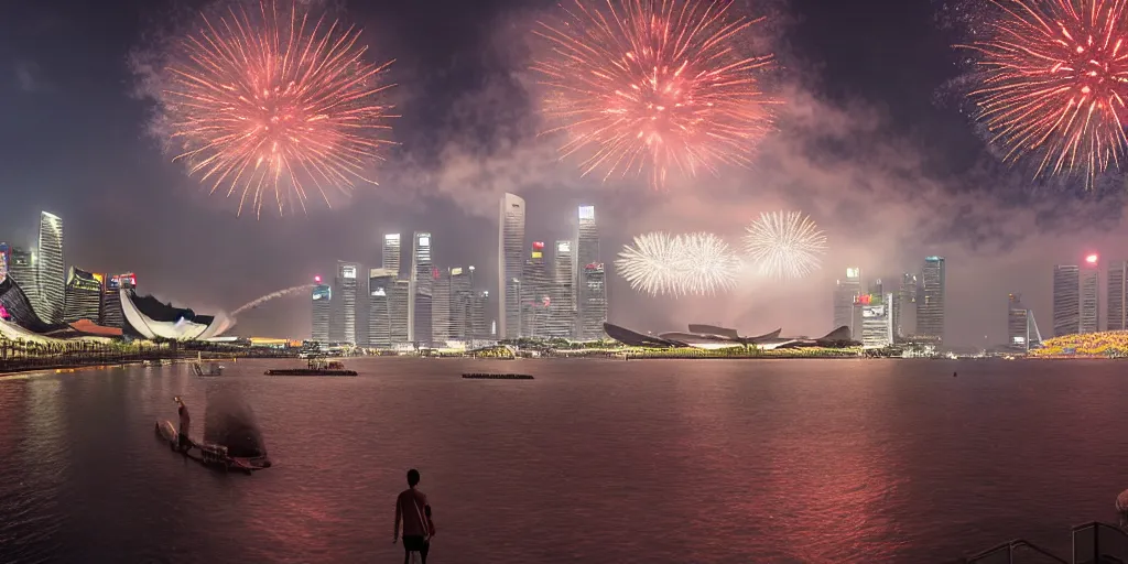 Image similar to Singapore city, Singapore Esplanade, Singapore Marina Bay, with a lion-shaped cloud in the sky and fireworks in the sky, by greg rutkowski, red and white lighting, digital art, ultra realistic, ultra detailed, photorealistic, 4k, character concept