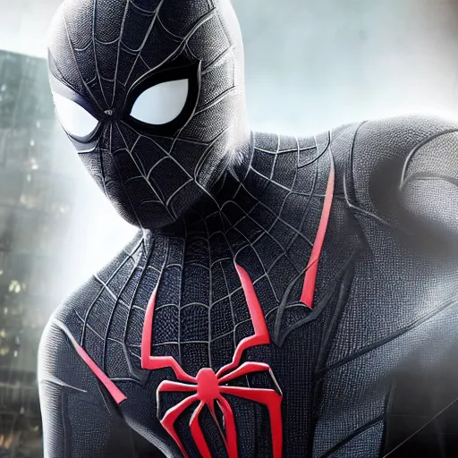 Image similar to black spider - man suit with white web lining, cinematic, volumetric lighting, realistic, hyperdetailed, photorealistic, photograph