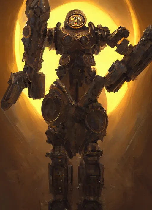 Image similar to full body, dynamic attack position abstract portrait of a intricate glorious holy mechanical warforged with circular glowing eye, character in yellow armor holding a paladin engraved great longsword drawn and carrying a big paladin shield, face in focus, pit droid, epic , trending on ArtStation, masterpiece, cinematic lighting, by Ross Tran and by Greg Rutkowski