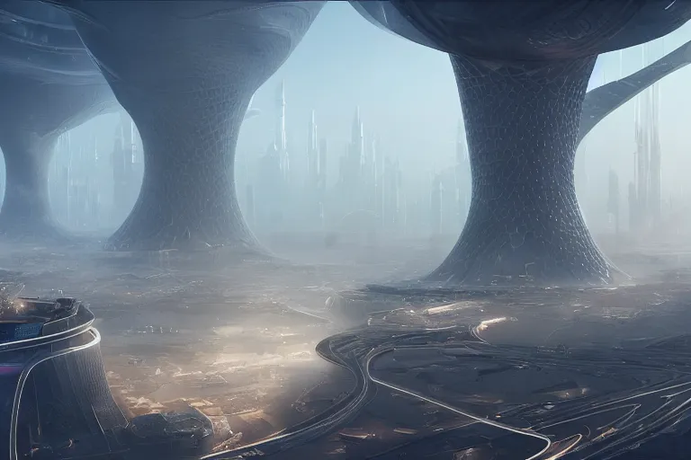 Prompt: a futuristic image of an alien desert with a gigantic complex shaped tower with tubes intersecting, fine detail, by James clyne and Andrée Wallin, foggy, cyberpunk city in the distance, iridescent, artstation, CG society, Ariel view, extra wide angle, morning light