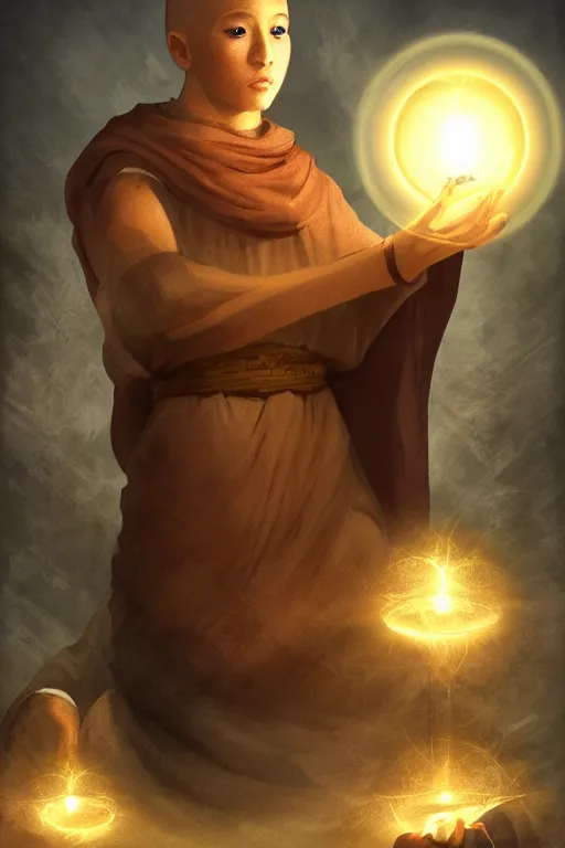 Prompt: monk holding an orb of light. fantasy, digital painting, hd, detailed.