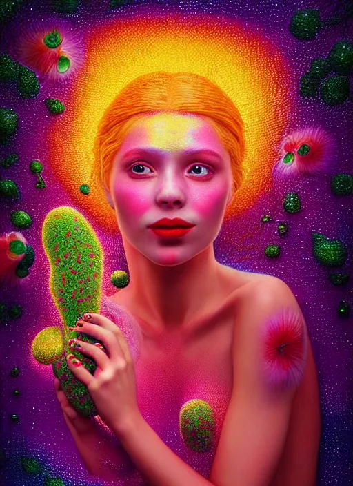 Prompt: hyper detailed 3d render like a Oil painting - Aurora (Singer) looking adorable and seen joyfully Eating of the Strangling network of yellowcake aerochrome and milky Fruit and Her delicate Hands hold of gossamer polyp blossoms bring iridescent fungal flowers whose spores black the foolish stars to her adorable smirking mouth by Jacek Yerka, Mariusz Lewandowski, Houdini algorithmic generative render, Abstract brush strokes, Masterpiece, Edward Hopper and James Gilleard, Zdzislaw Beksinski, Mark Ryden, Wolfgang Lettl, hints of Yayoi Kasuma, octane render, 8k