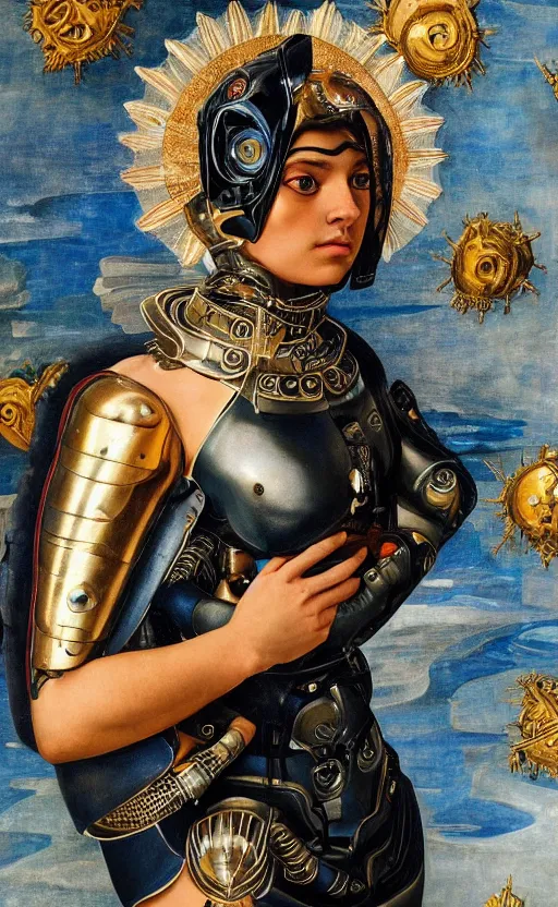 Prompt: beautifully painted mural of a stunning young cyborg muse in ornate royal armor, piercing glowing eyes, vogue poses, striking composition, vivid details, beautiful composition, mural in the style of sandro botticelli, caravaggio, albrecth durer, 8k