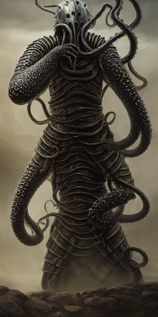 Image similar to a medieval knight slowly transforming into a tentacle monster, matte oil painting, steel armor set, concept art, dnd, clear, crisp, sharp, gauntlets, eldritch, award - winning, extremely detailed, 4 k, 8 k