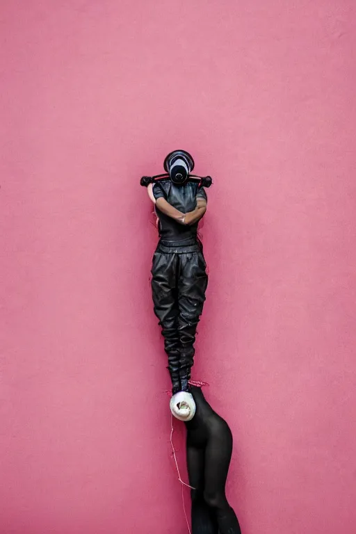 Image similar to a surreal portrait intertwined and contorted figures wearing gas mask next to a pink wall in the style of brooke didonato, editorial fashion photography from vogue magazine, full shot, nikon d 8 1 0, ƒ / 2. 5, focal length : 8 5. 0 mm, exposure time : 1 / 8 0 0, iso : 2 0 0