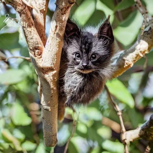 Image similar to a bat kitten, in a tree, Canon EOS R3, telephoto, very detailed, 4k