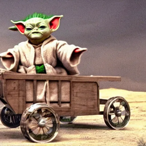 Prompt: a film still of baby yoda's kid riding a wagon to get together station in star wars realistic, detailed