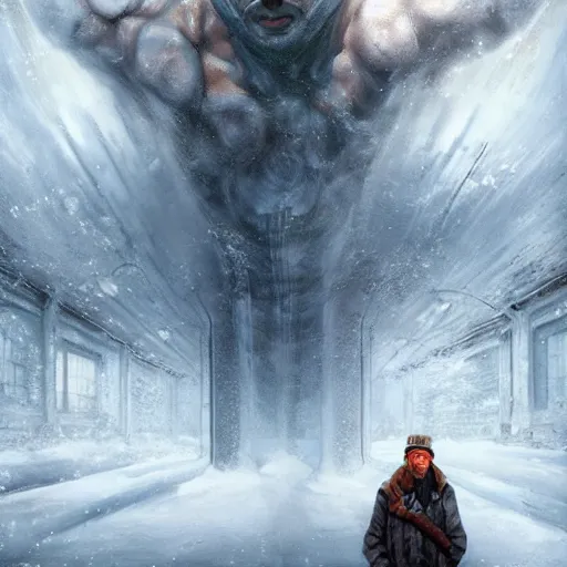 Image similar to beautiful snow - covered plumber posing in museum, half - length portrait, perfect symmetrical eyes, cinematic by peter mohrbacher, detailed, hyperrealism