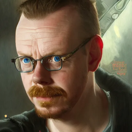 Image similar to portrait painting of joyful simon pegg with a winchester, ultra realistic, concept art, intricate details, eerie, highly detailed, photorealistic, octane render, 8 k, unreal engine. art by artgerm and greg rutkowski and alphonse mucha