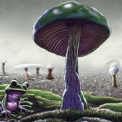 Image similar to a centered chest up portrait of a psychedelic demonic anthropomorphic frog smoking a hand - rolled cigarette smoking heavily, magic mushroom village in background. award winning. superb resolution. in the art style of junji ito and greg rutkowski. detailed mushroom city in background. hyper realistic anime. perfect art. dalle 2