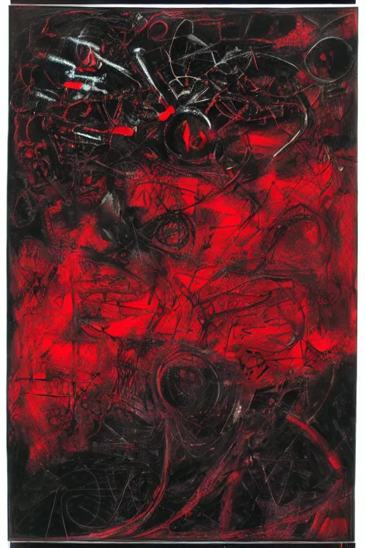 Image similar to a black and red crimson biomechanical talisman of eternal knowledge, aurora borealis, eclipse by maggi mcdonald, jackson pollock, mark rothko, sabina klein