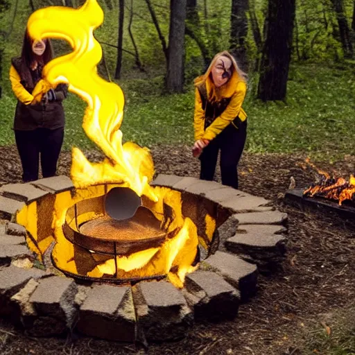 Image similar to a gathering of yellow raincoat wearing cat magicians summon a fire goddess from the depths of a raging fire pit, flames are emerging from fissures in the ground.