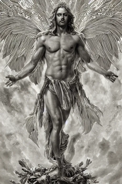 Image similar to a Chihuahua as god with a radiant halo and wings, detailed face, gorgeous, flowing hair, very muscular male body, partial anatomy, stormy and grand war scene, delicate and intricate borders for decoration, caesar victorious, proud Emperor, split lighting, character close-up, intricate, highly detailed, 8K, digital painting, fantasy, concept art, sharp focus, art by greg rutkowski beeple and alphonse mucha