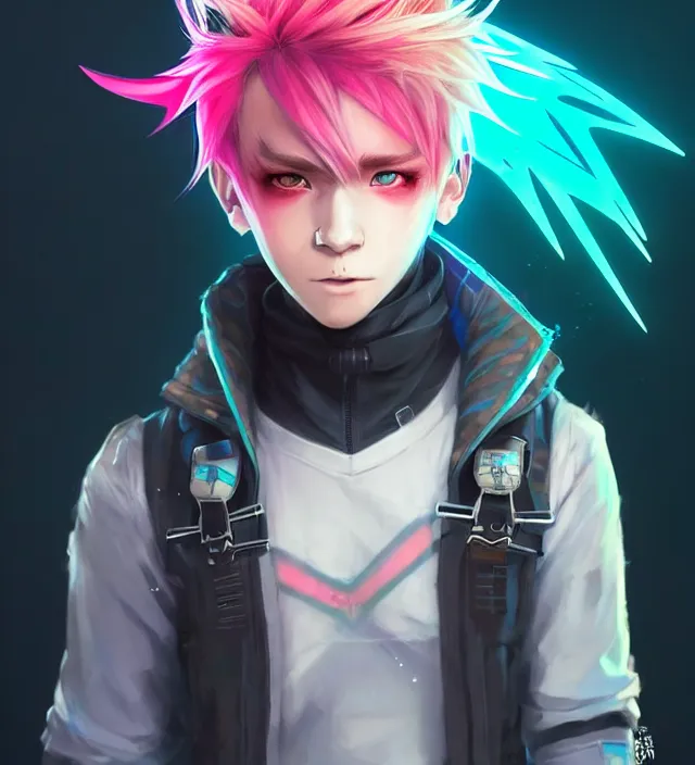 Image similar to character concept art of a cute cyberpunk boy with colorful hair and wolf ears and freckles | | cute - fine - face, pretty face, key visual, realistic shaded perfect face, fine details by stanley artgerm lau, wlop, rossdraws, james jean, andrei riabovitchev, marc simonetti, and sakimichan, trending on artstation