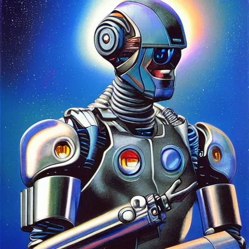 Image similar to futurist cyborg knight, perfect future, award winning art by alan bean, sharp color palette