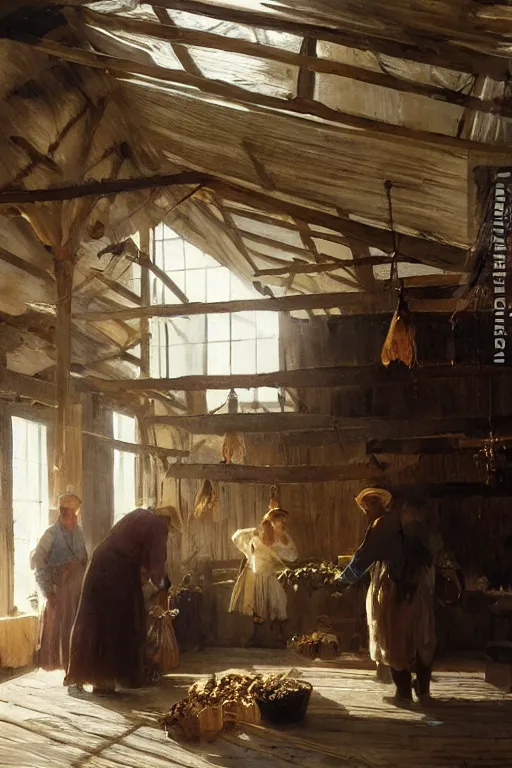 Image similar to simple amish farmers hanging tobacco in their well lit clean open barn, art by anders zorn, wonderful masterpiece by greg rutkowski, beautiful cinematic light, american romanticism thomas lawrence, greg rutkowski