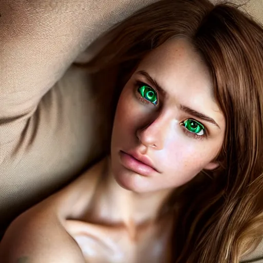 Image similar to intricate crisp portrait of a cute thin young woman, light bronze brown hair, very detailed emerald green eyes, red blush, light freckles, soft smile, casual clothes, relaxing on the couch, home interior, golden hour, close up shot, 8 k, art by irakli nadar, hyperrealism, hyperdetailed, ultra realistic