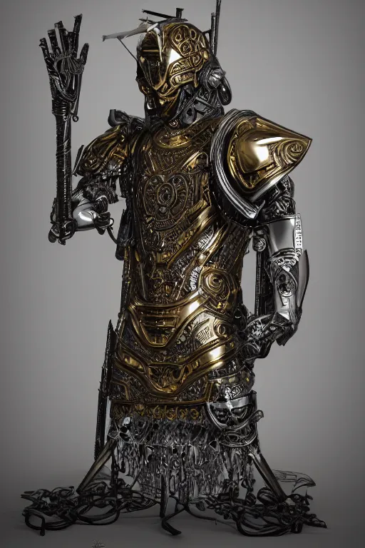 Prompt: hyper realistic glorious ancient celtic god in a obsidian metal armor, futuristic design, designed by makoto kobayashi and luca zampriolo, portrait, cyberpunk style, wood and gold details, intricate, extremely detailed, ornate, deep of field, hard surface, exoskeleton, substance designer metal