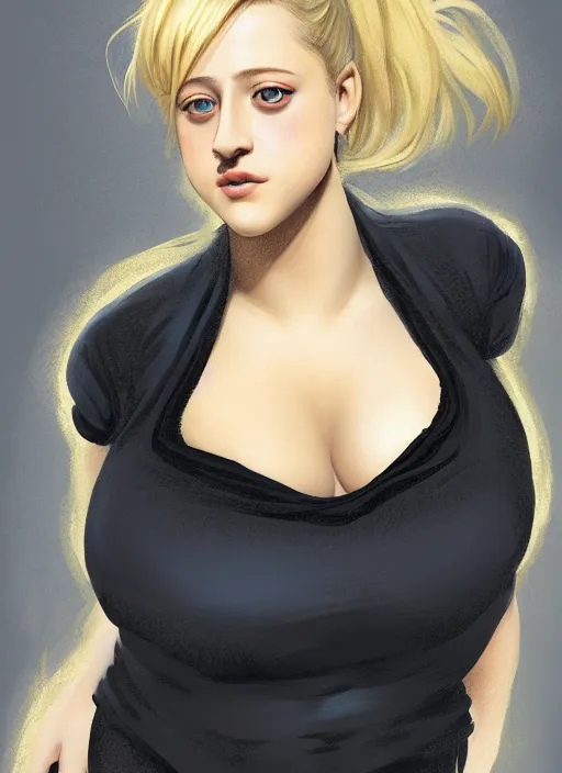 Image similar to full body portrait, teenage lili reinhart, blonde hair, obese, bangs, ponytail, sultry, realistic, sultry smirk, fluffy bangs, curly bangs, fat, belly, intricate, elegant, highly detailed, digital painting, artstation, concept art, smooth, sharp focus, illustration, art by wlop, mars ravelo and greg rutkowski