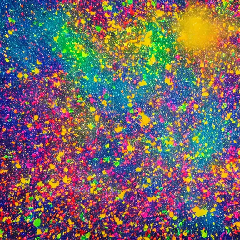 Image similar to huge explosion with mushroom cloud, birds eye view, glitter, paint splatters, fireflies, small group of people get covered in paint and glitter